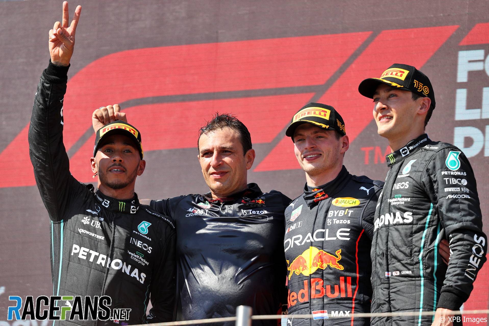 (L to R): Lewis Hamilton, Mercedes; Max Verstappen, Red Bull; George Russell, Mercedes; Paul Ricard, 2022