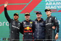 (L to R): Lewis Hamilton, Mercedes; Max Verstappen, Red Bull; George Russell, Mercedes; Hungaroring, 2022