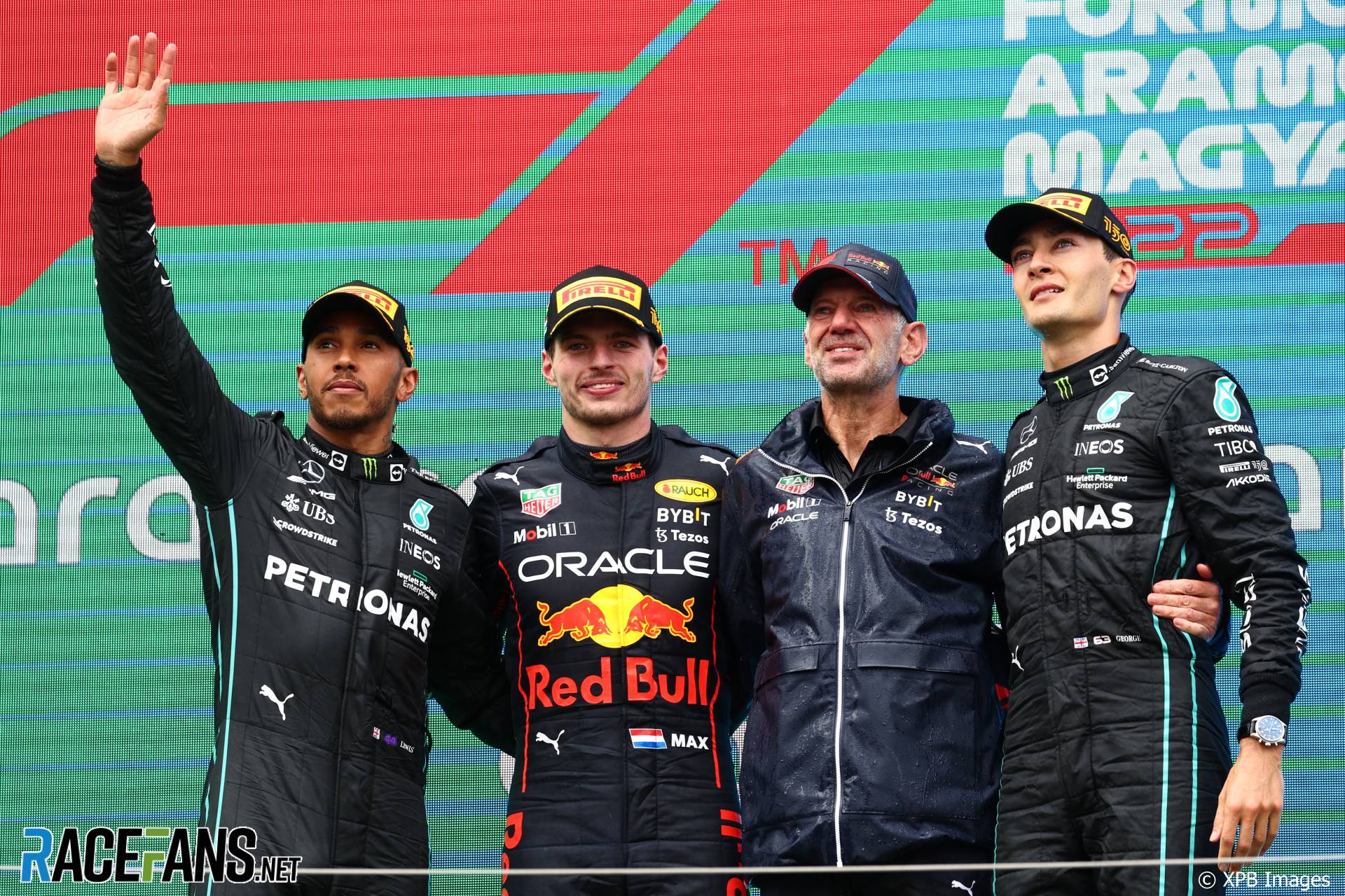(L to R): Lewis Hamilton, Mercedes; Max Verstappen, Red Bull; George Russell, Mercedes; Hungaroring, 2022