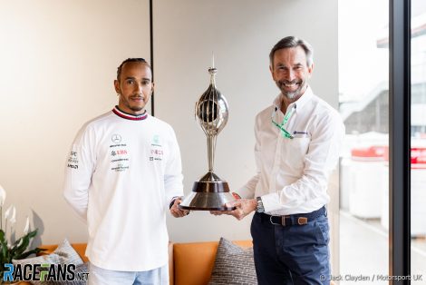 Lewis Hamilton receives the Hawthorn trophy, 2022