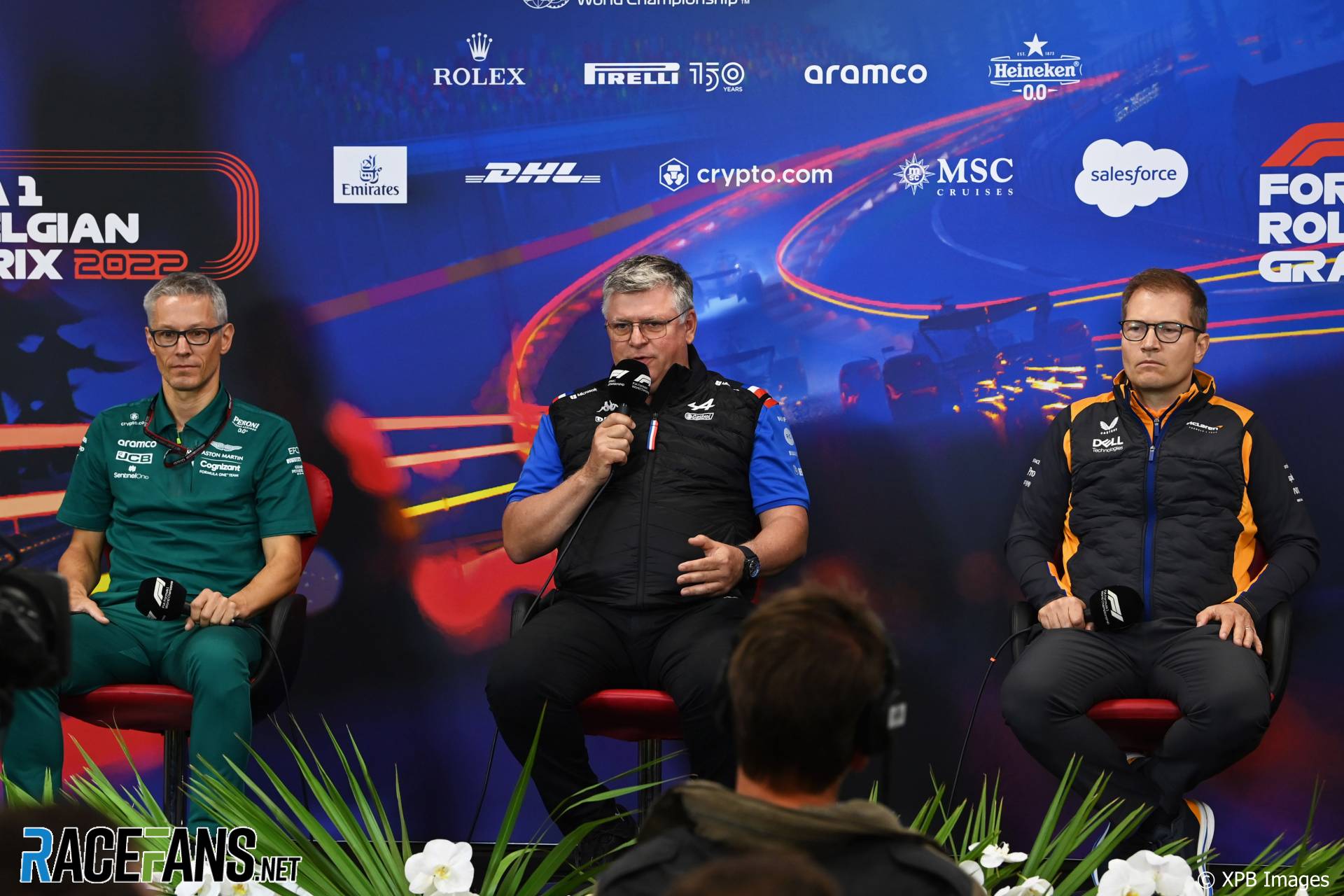 (L to R) Mike Krack, Aston Martin Team Principal; Otmar Szafnauer, Alpine Team Principal; Andreas Seidl, McLaren Team Principal; Spa-Francorchamps, 2022