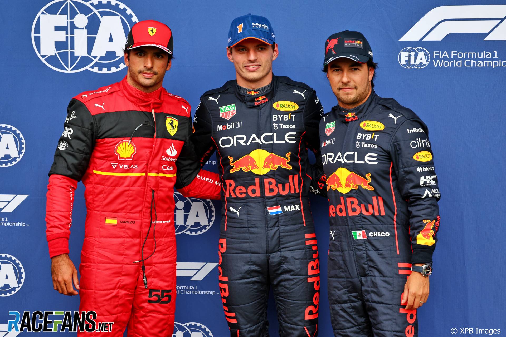 (L to R): Carlos Sainz Jr, Ferrari; Max Verstappen, Red Bull; Sergio Perez, Red Bull; Spa-Francorchamps, 2022