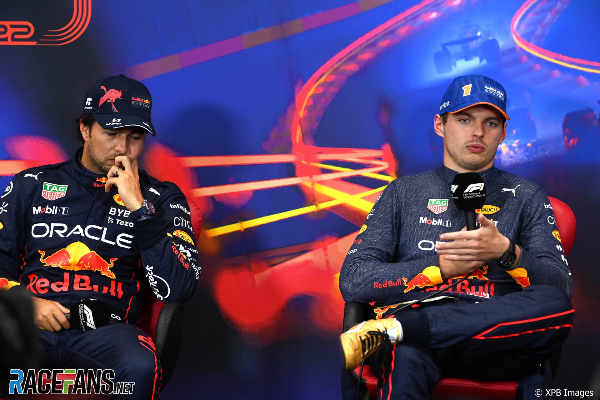 (L to R): Sergio Perez, Max Verstappen, Red Bull, Spa-Francorchamps, 2022