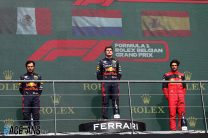 (L to R): Sergio Perez, Red Bull; Max Verstappen, Red Bull; Carlos Sainz Jr, Ferrari; Spa-Francorchamps, 2022