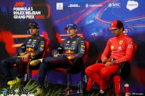(L to R): Sergio Perez, Red Bull; Max Verstappen, Red Bull; Carlos Sainz Jr, Ferrari; Spa-Francorchamps, 2022