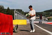 Pierre Gasly lays flowers at scene of Anthoine Hubert's fatal crash, Spa-Francorchamps, 2022