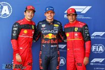 (L to R): Charles Leclerc, Ferrari; Max Verstappen, Red Bull, Carlos Sainz Jr, Ferrari, Circuit Zandvoort, 2022