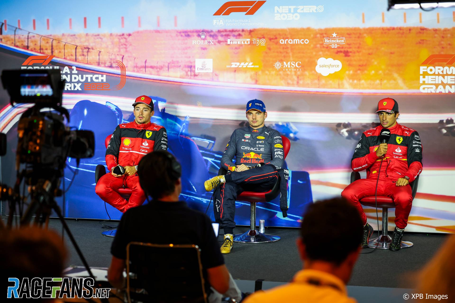 (L to R): Charles Leclerc, Ferrari, Max Verstappen, Red Bull, Carlos Sainz Jr, Ferrari, Circuit Zandvoort, 2022