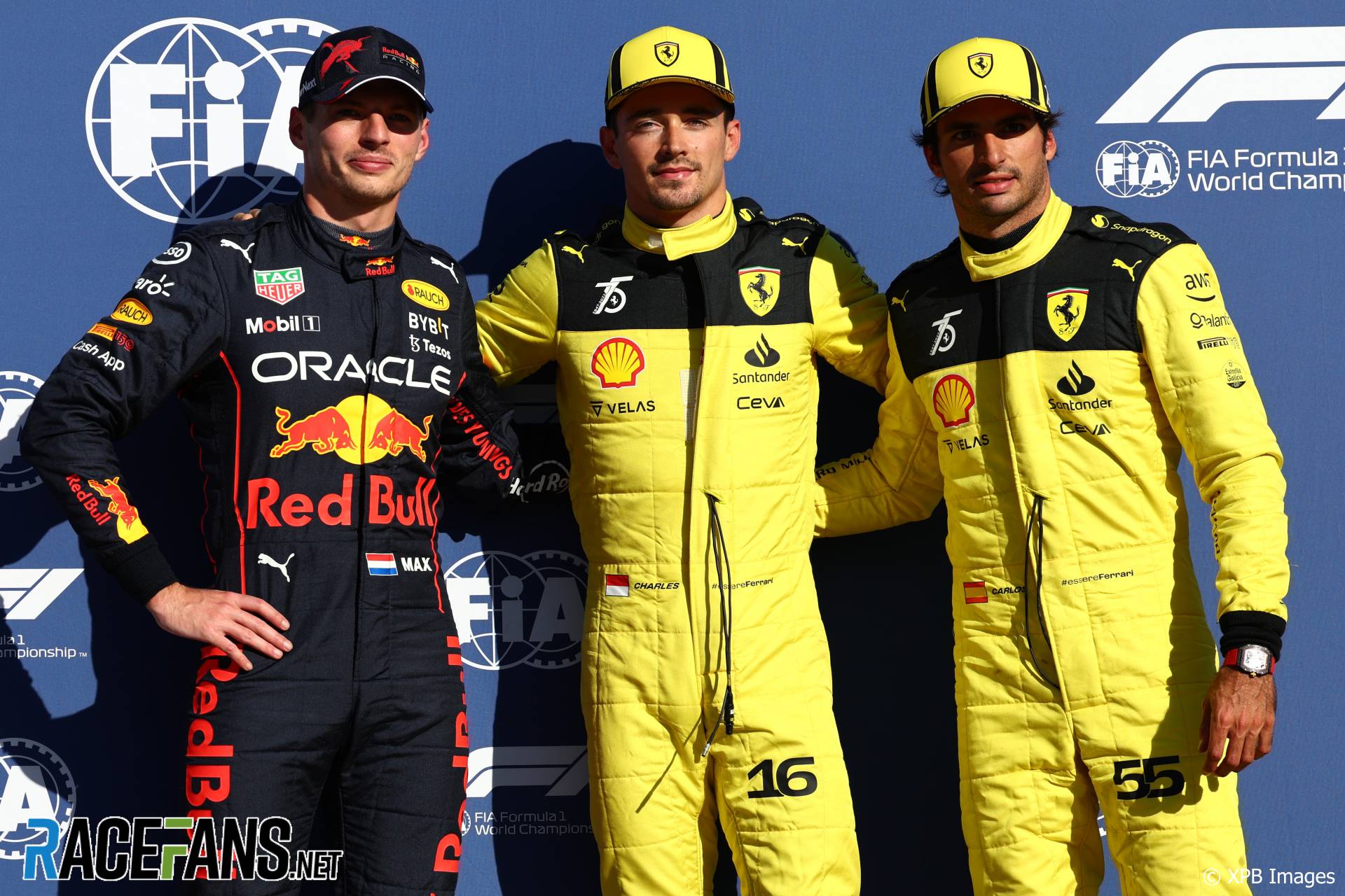 (L to R): Max Verstappen, Red Bull; Charles Leclerc, Carlos Sainz Jr, Ferrari, Monza, 2022