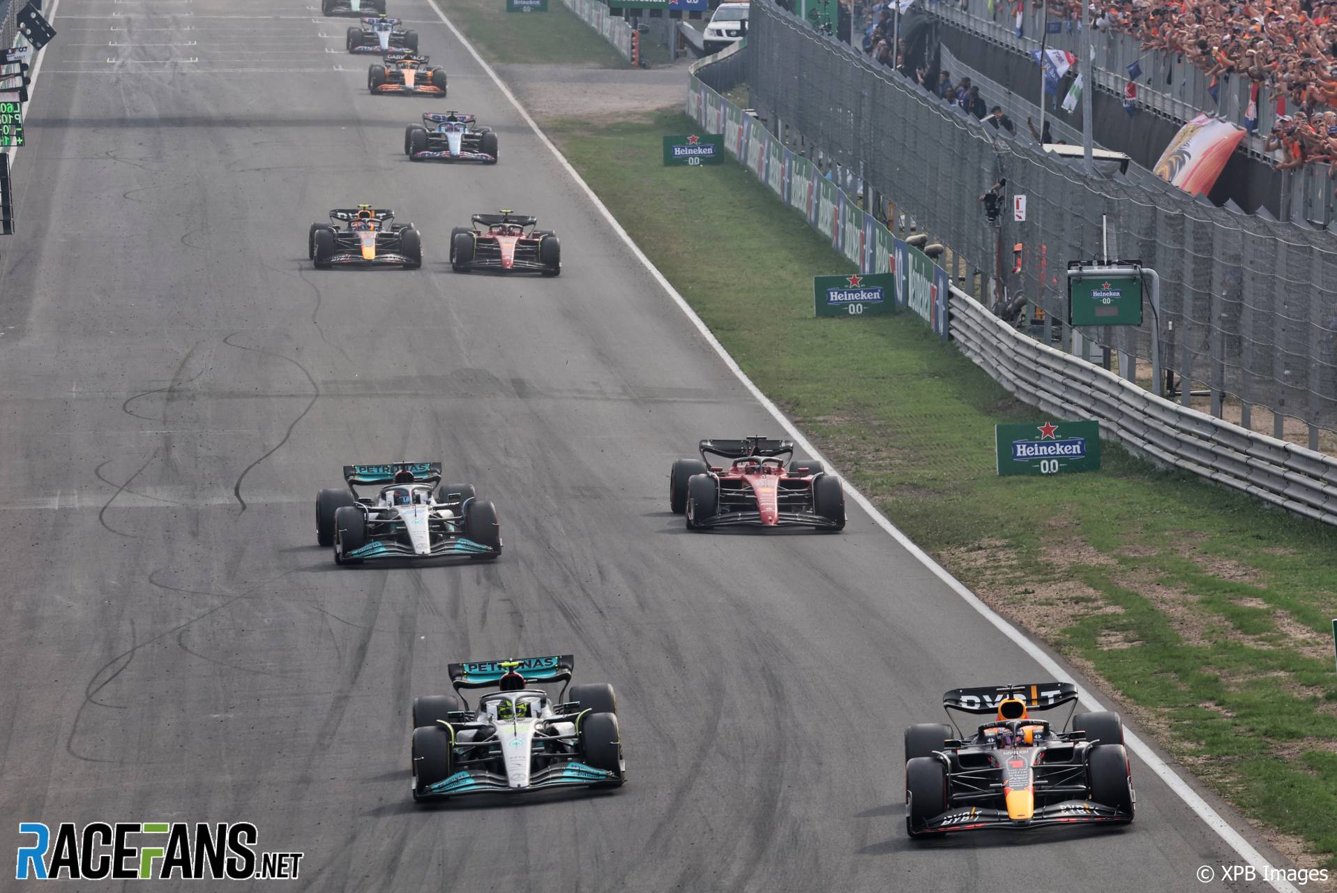 (L to R): Lewis Hamilton, Mercedes, Max Verstappen, Red Bull, Circuit Zandvoort, 2022