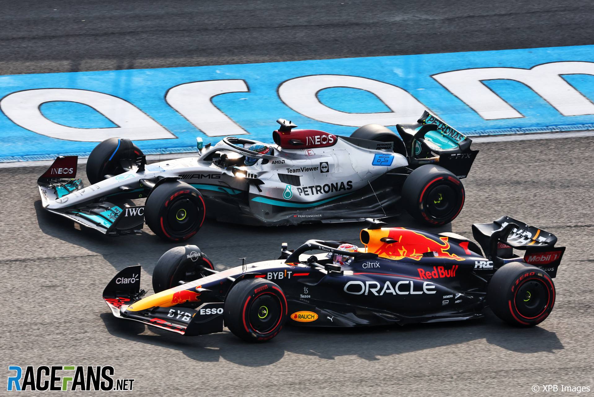 George Russell, Mercedes and Max Verstappen, Red Bull, Circuit Zandvoort, 2022