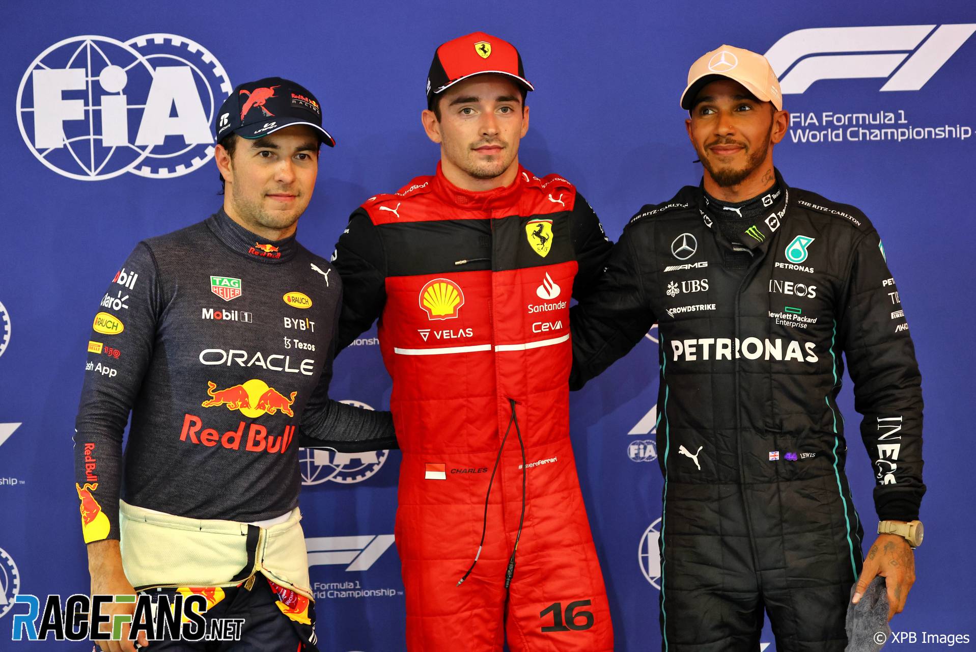 (L to R): Sergio Perez, Red Bull; Charles Leclerc, Ferrari; Lewis Hamilton, Mercedes; Singapore, 2022