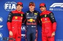 (L to R): Charles Leclerc, Ferrari; Max Verstappen, Red Bull; Carlos Sainz Jr, Ferrari; Suzuka, 2022