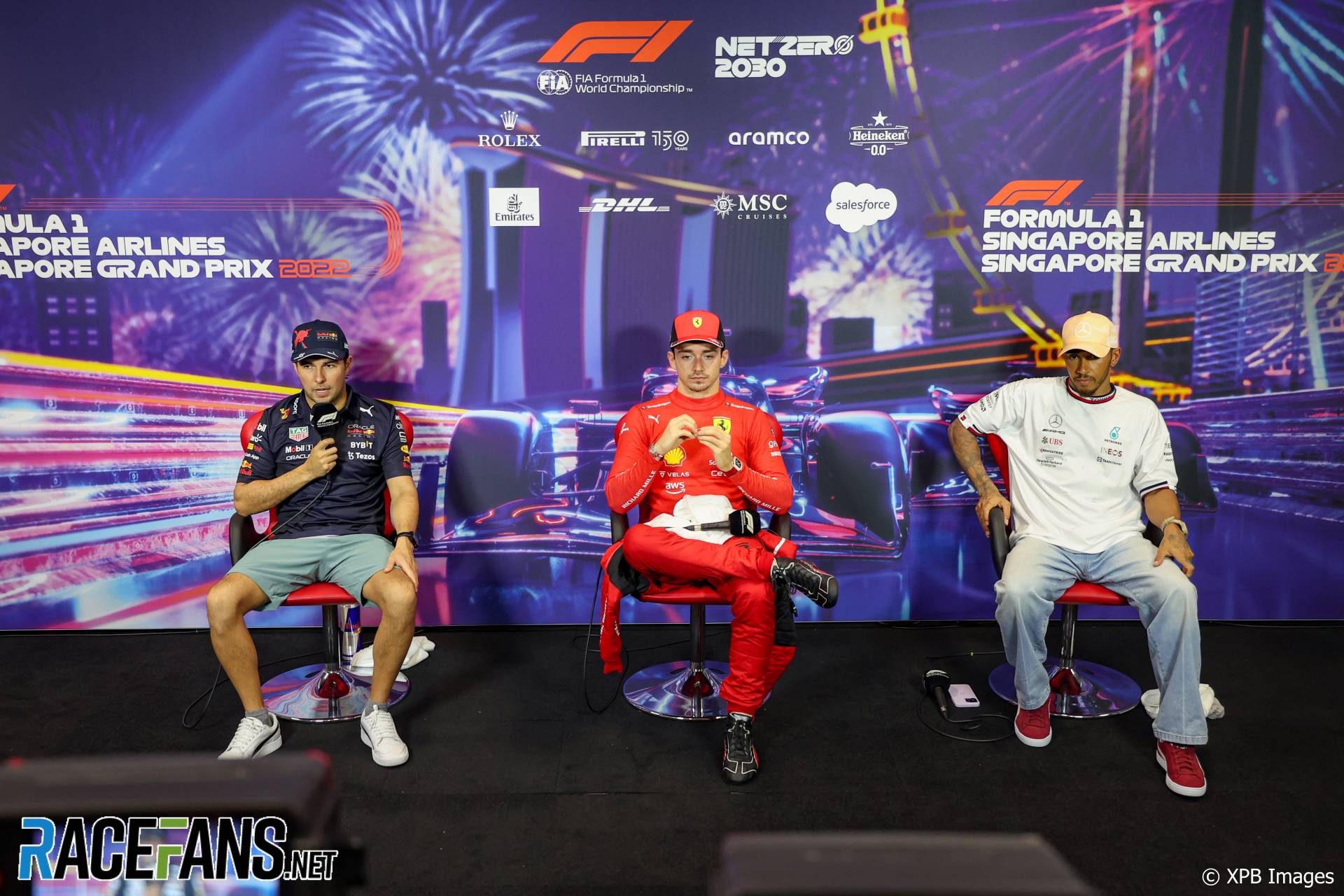 (L to R): Sergio Perez, Red Bull; Charles Leclerc, Ferrari; Lewis Hamilton, Mercedes, Singapore, 2022