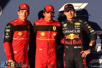 (L to R): Charles Leclerc, Ferrari; Carlos Sainz Jr, Ferrari; Max Verstappen, Red Bull; Circuit of the Americas, 2022