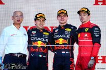 (L to R): Sergio Perez, Max Verstappen, Red Bull; Charles Leclerc, Ferrari, Suzuka, 2022