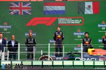 (L to R): Lewis Hamilton, Mercedes; Max Verstappen, Sergio Perez, Red Bull; Autodromo Hermanos Rodriguez, 2022