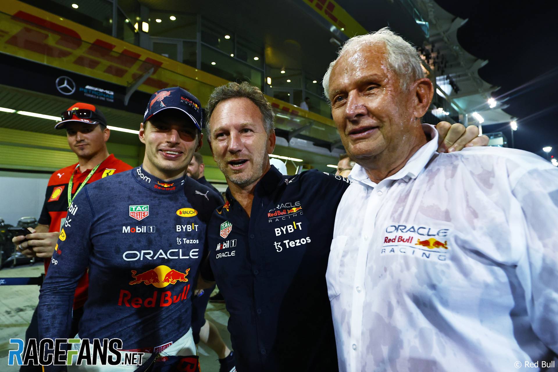(L to R): Max Verstappen, Red Bull; Christian Horner, Red Bull Team Principal; Dr Helmut Marko, Red Bull Driver Advisor, Yas Marina, 2022