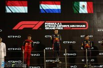 (L to R): Charles Leclerc Ferrari; Max Verstappen, Sergio Perez, Red Bull; Yas Marina, 2022