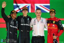 (L to R): Lewis Hamilton, George Russell, Mercedes; Carlos Sainz Jr, Ferrari; Interlagos, 2022