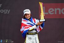 Race winner Jamie Chadwick (GBR) celebrates on the podium with the trophy