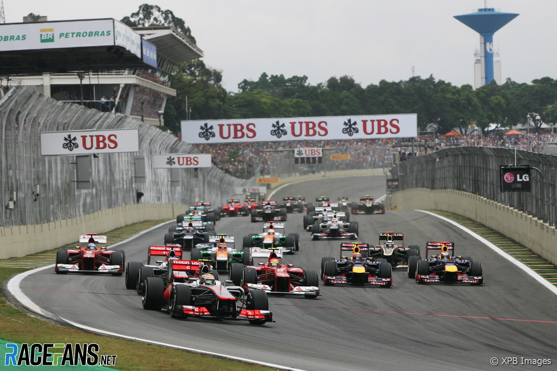 Lewis Hamilton leads at the start of the 2012 Brazilian Grand Prix