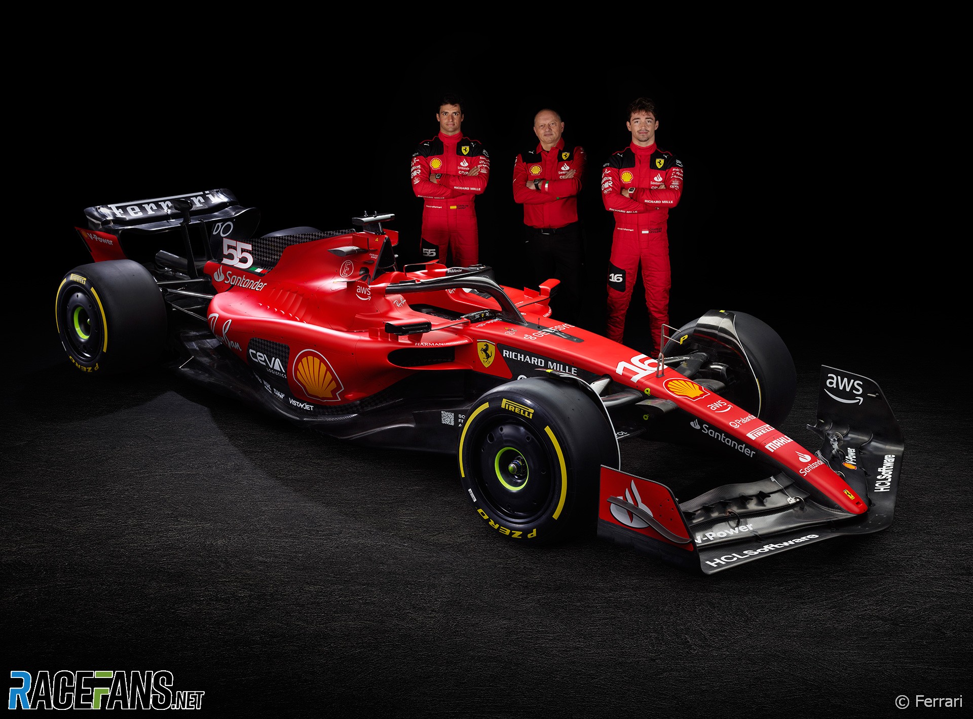 Charles Leclerc, Frederic Vasseur, Carlos Sainz Jnr, Ferrari SF-23, 2023