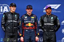 (L to R): George Russell, Mercedes; Max Verstappen, Red Bull; Lewis Hamilton, Mercedes; Albert Park, 2023