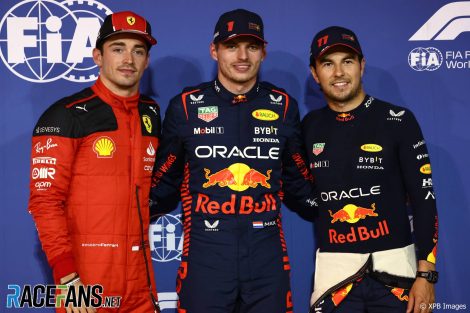 (L to R): Charles Leclerc, Ferrari; Max Verstappen, Sergio Perez, Red Bull; Bahrain International Circuit, 2023