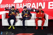 (L to R): Sergio Perez, Max Verstappen, Red Bull; Charles Leclerc, Ferrari, Bahrain International Circuit, 2023