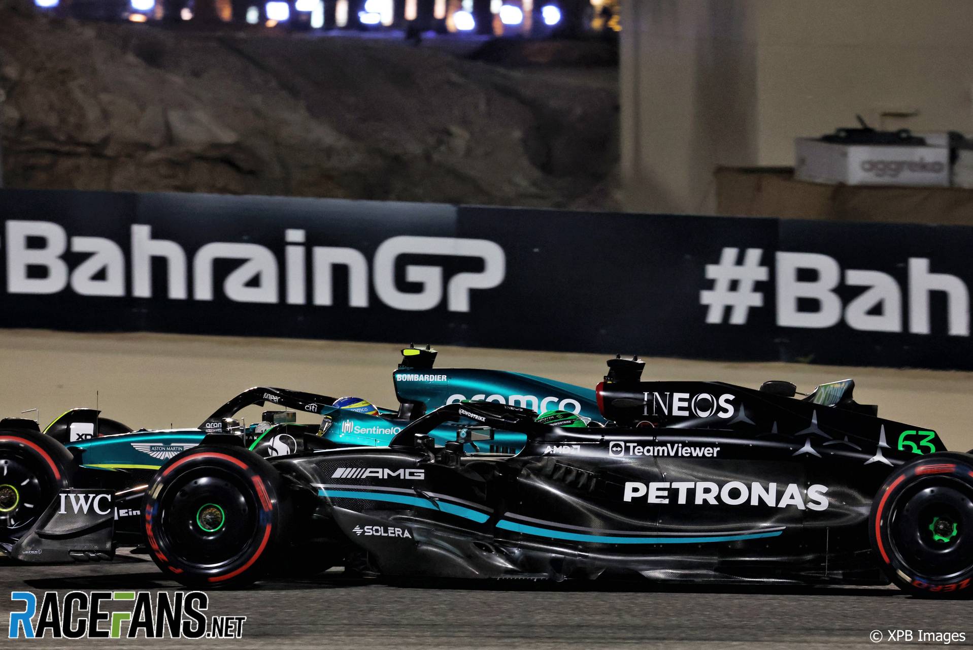 Fernando Alonso, Aston Martin and George Russell, Mercedes, Bahrain International Circuit, 2023
