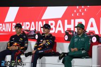 (L to R): Sergio Perez, Max Verstappen, Red Bull; Fernando Alonso, Aston Martin, Bahrain International Circuit, 2023