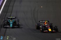 (L to R): Fernando Alonso, Aston Martin; Sergio Perez, Red Bull; Jeddah Corniche Circuit, 2023