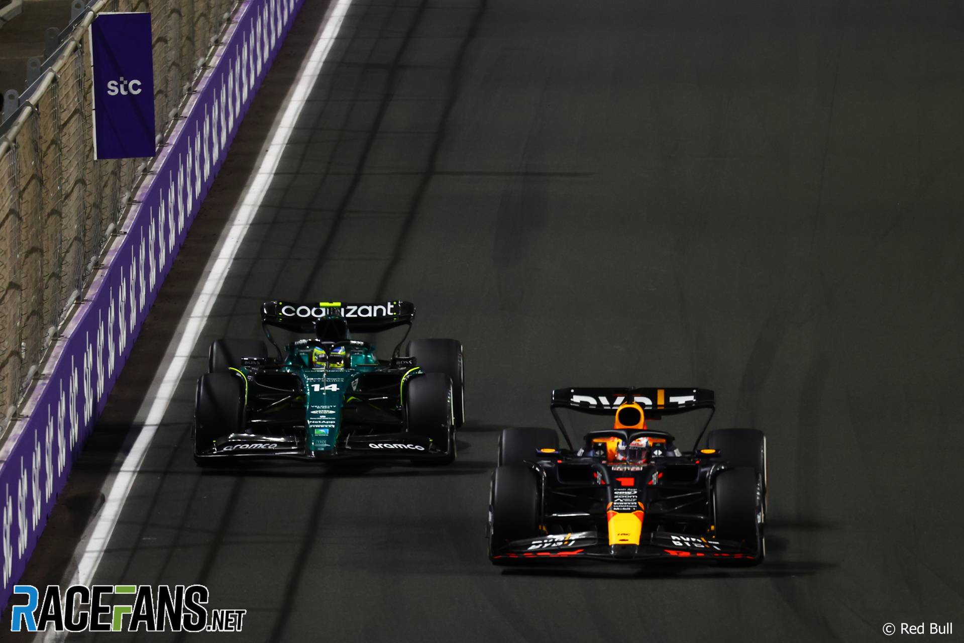 (L to R): Fernando Alonso, Aston Martin; Max Verstappen, Red Bull; Jeddah Corniche Circuit, 2023