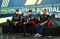 (L to R): George Russell, Mercedes; Max Verstappen, Red Bull; Lewis Hamilton, Mercedes; Albert Park, 2023