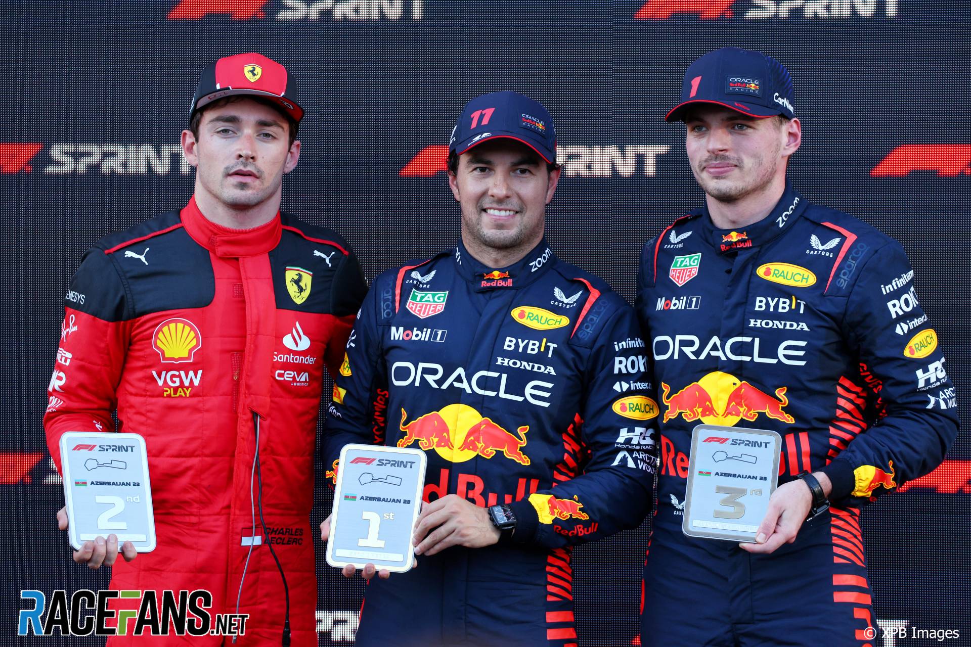 (L to R): Charles Leclerc, Ferrari; Sergio Perez, Max Verstappen, Red Bull; Baku City Circuit, 2023