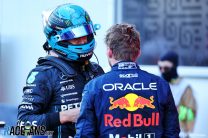 (L to R): George Russell, Mercedes; Max Verstappen, Red Bull; Baku City Circuit; 2023