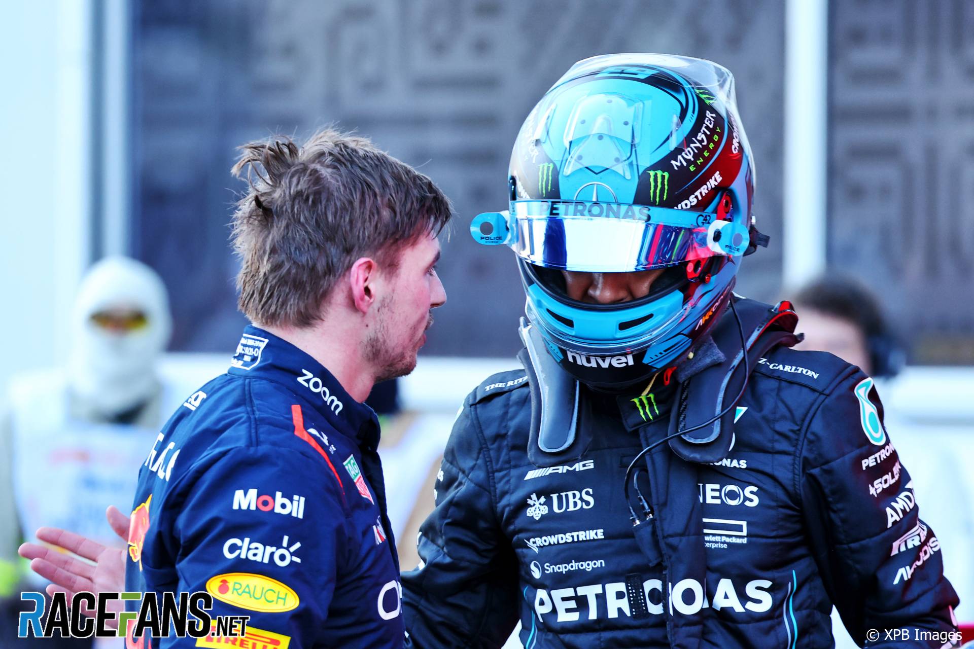 (L to R): Max Verstappen, Red Bull; George Russell, Mercedes; Baku City Circuit; 2023