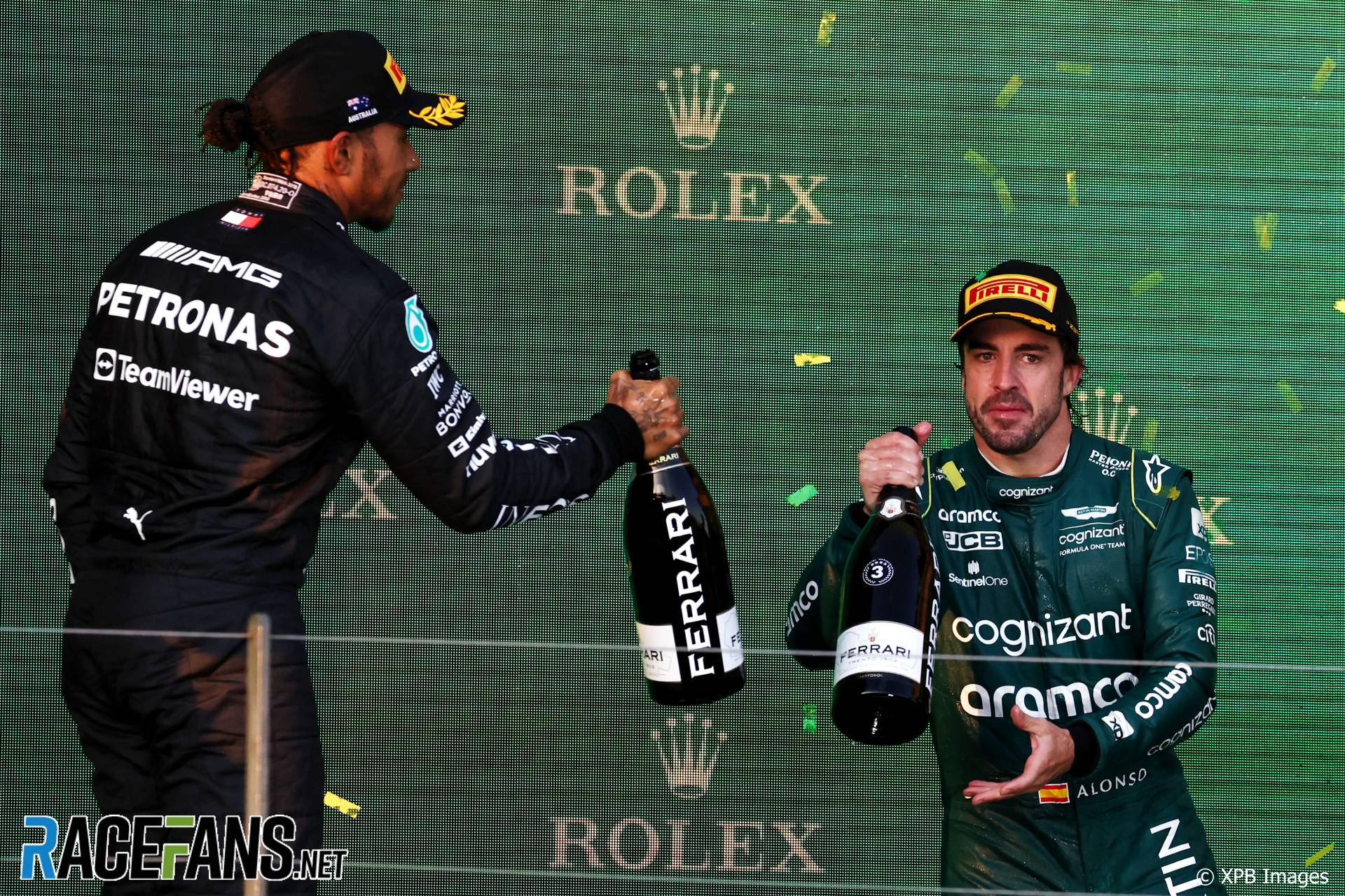 (L to R): Lewis Hamilton, Mercedes; Fernando Alonso, Aston Martin, Albert Park, 2023