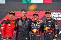 (L to R): Charles Leclerc, Ferrari, Sergio Perez, Max Verstappen, Red Bull, Baku City Circuit, 2023