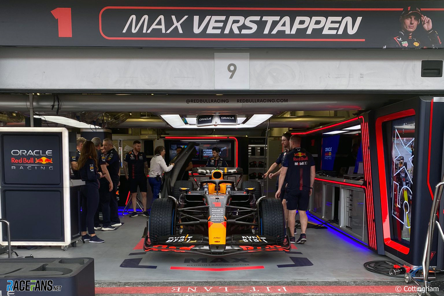 Verstappen's car in Red Bull the garage on Sunday morning