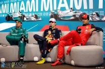 (L to R): Fernando Alonso, Aston Martin, Sergio Perez, Red Bull, Carlos Sainz, Ferrari, Miami International Autodrome, 2023