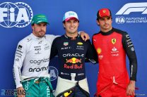 (L to R): Fernando Alonso, Aston Martin; Sergio Perez, Red Bull, Carlos Sainz, Ferrari, Miami International Autodrome, 2023