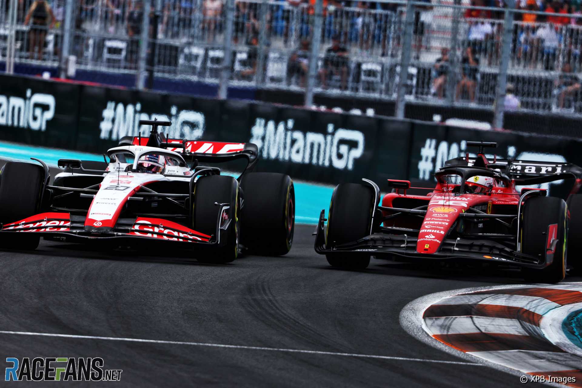 (L to R): Kevin Magnussen, Haas; Charles Leclerc, Ferrari, Miami International Autodrome, 2023