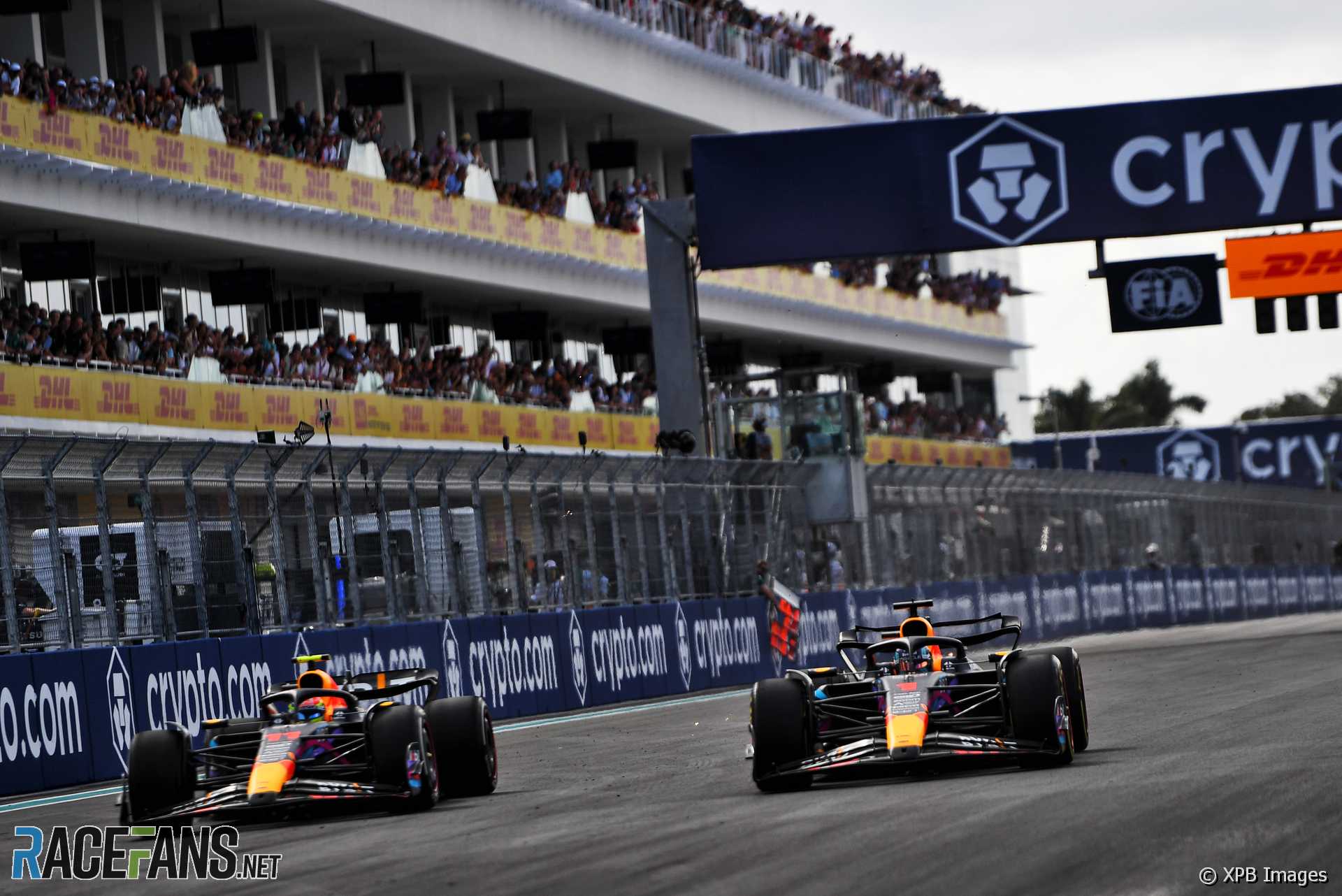(L to R): Sergio Perez, Max Verstappen, Red Bull, Miami International Autodrome, 2023