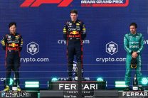 (L to R): Sergio Perez, Max Verstappen, Red Bull, Fernando Alonso, Aston Martin, Miami International Autodrome, 2023