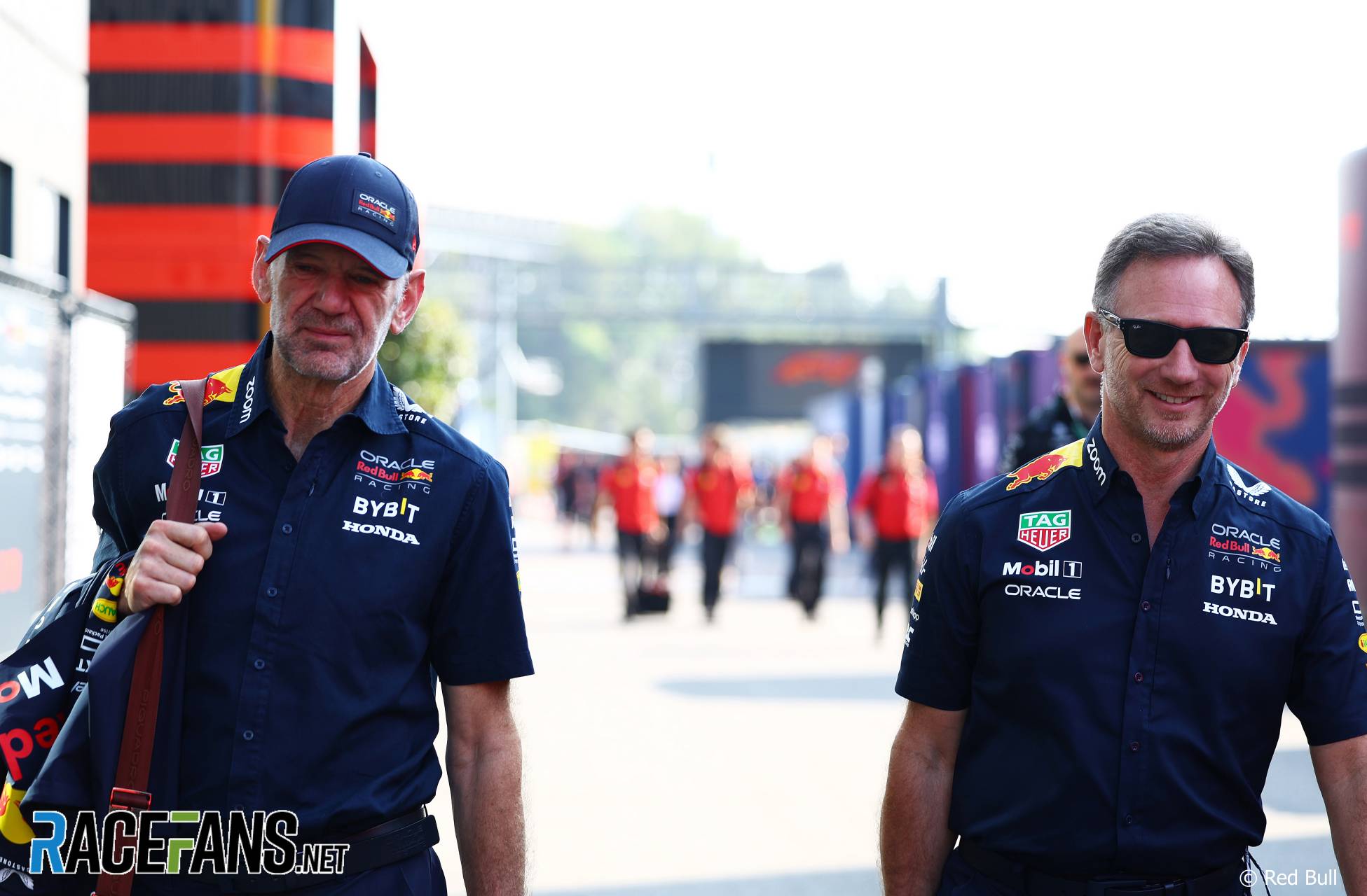 (L to R): Adrian Newey, Red Bull Chief Technical Officer; Christian Horner, Red Bull Team Principal; Circuit de Catalunya, 2023