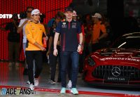 (L to R): Lando Norris, McLaren; Max Verstappen, Red Bull; Circuit de Catalunya, 2023