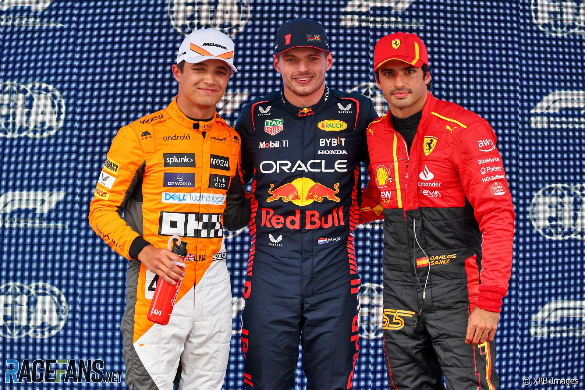 (L to R): Lando Norris, McLaren; Max Verstappen, Red Bull; Carlos Sainz Jr, Ferrari; Circuit de Catalunya, 2023