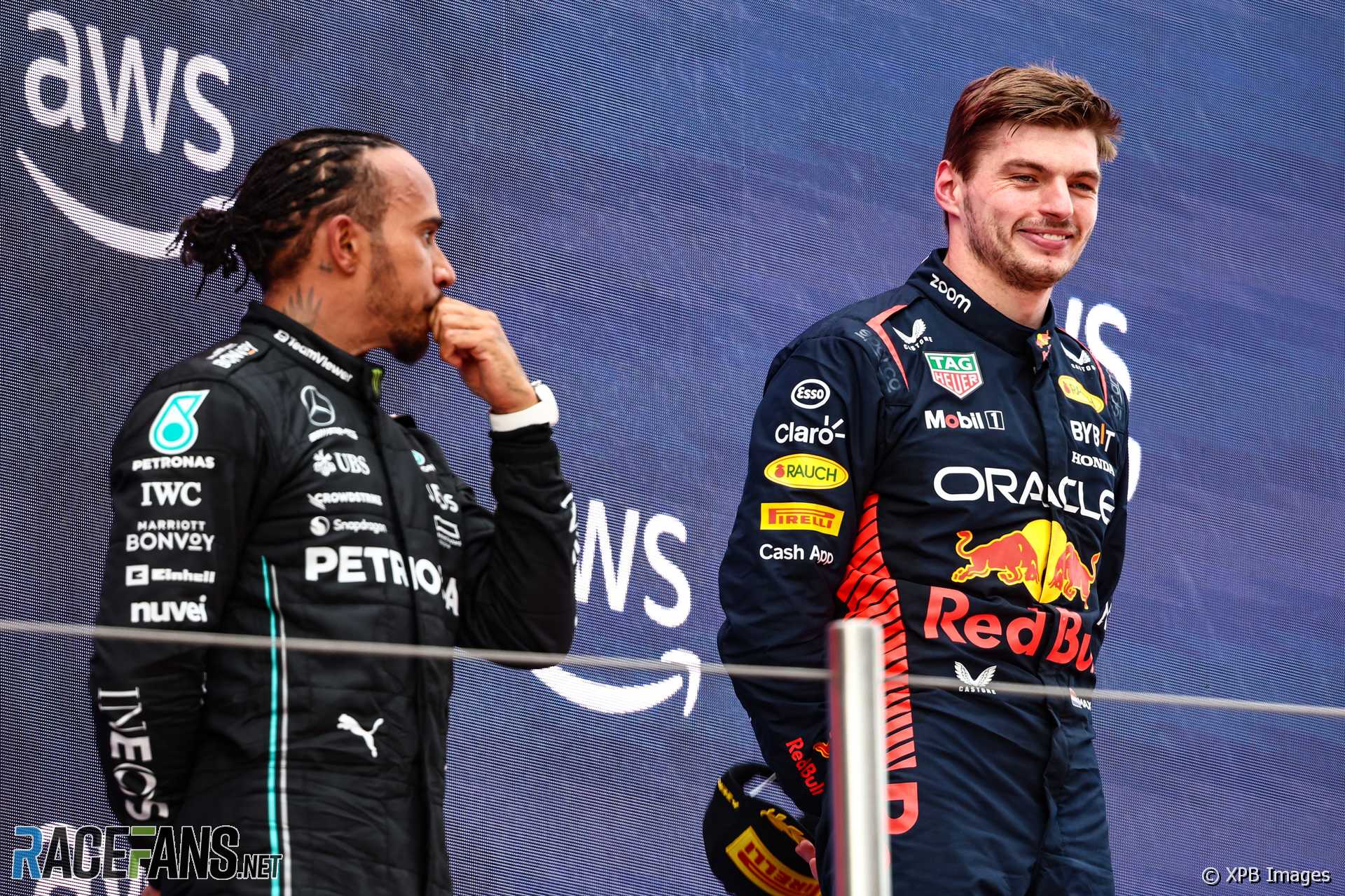 (L to R): Lewis Hamilton, Mercedes; Max Verstappen, Red Bull; Circuit de Catalunya, 2023